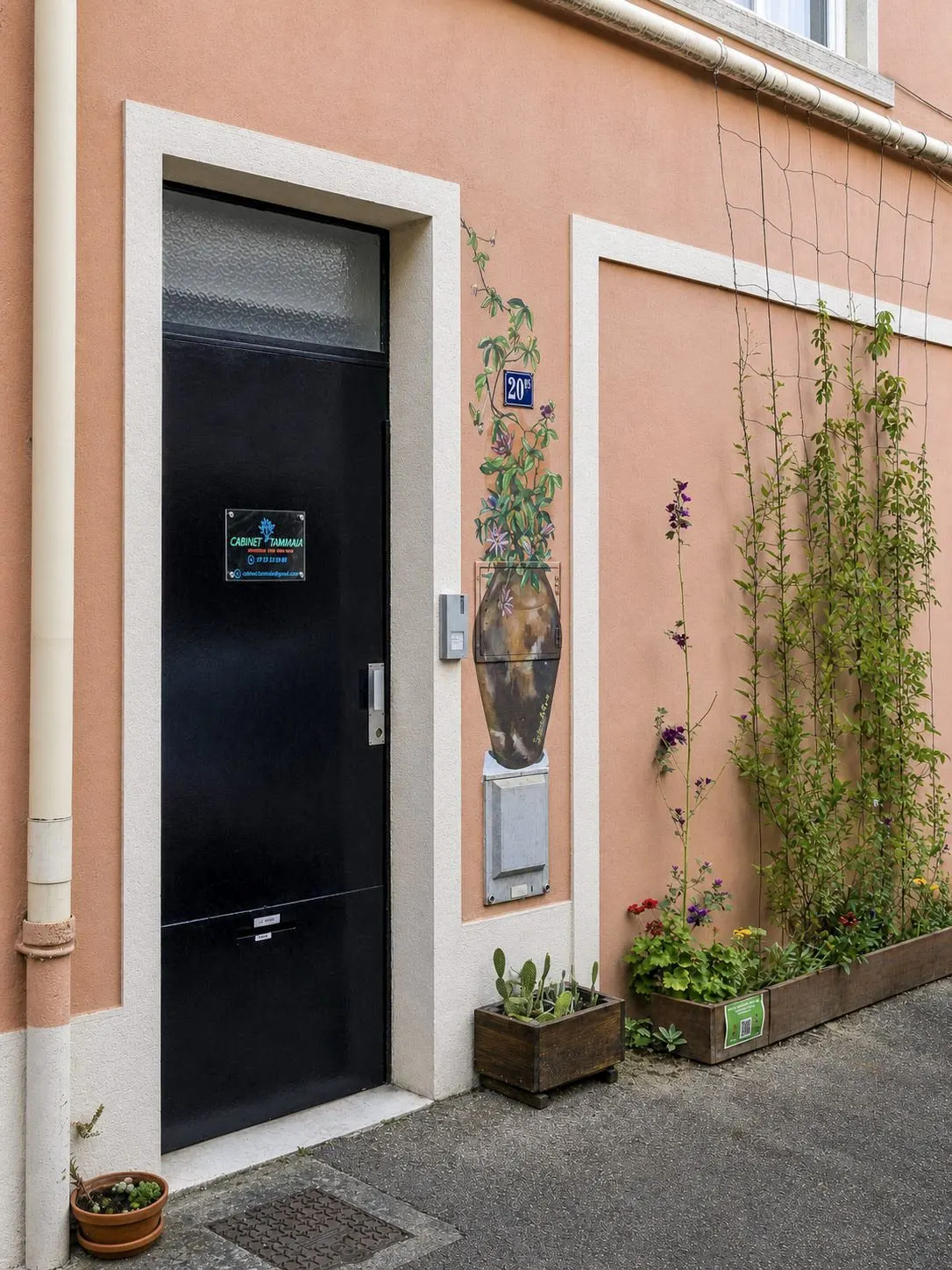Entrée du Cabinet Tammaia au 20 bis rue Songieu à Villeurbanne, porte noire côté trottoir