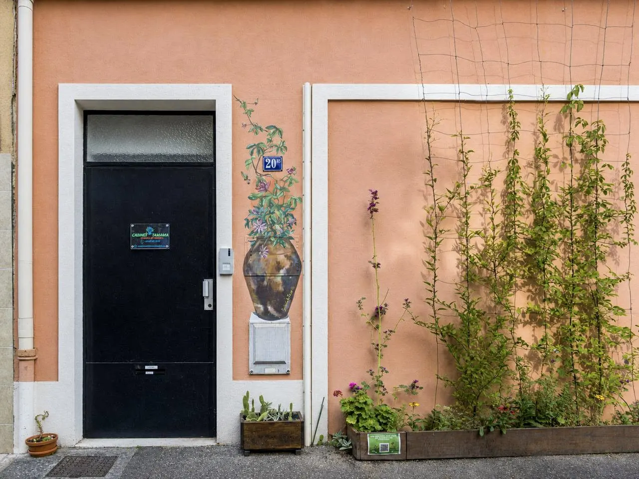 Façade du Cabinet Tammaia au 20 bis rue Songieu à Villeurbanne, porte noire avec la plaque du salon de massage