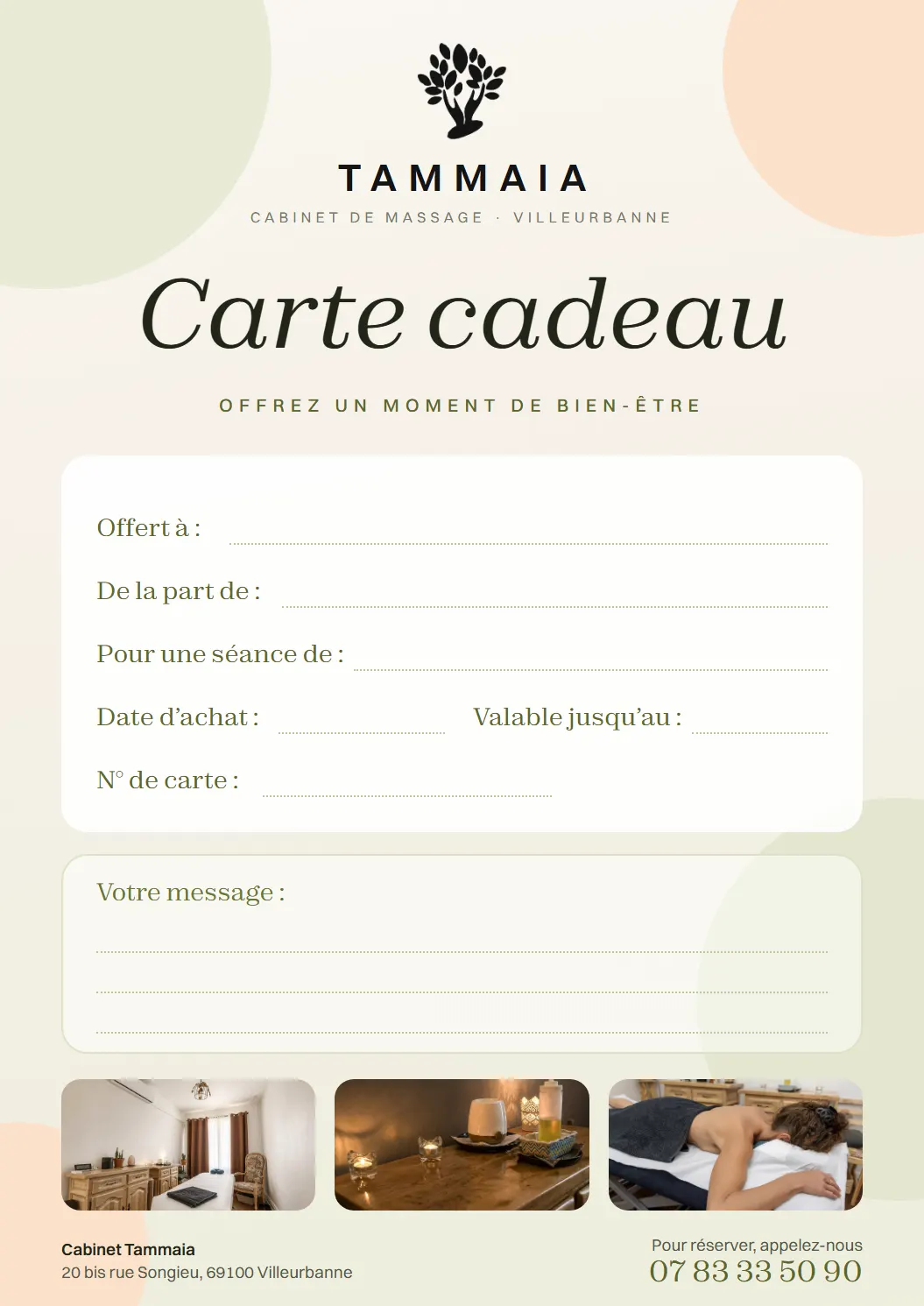 Aperçu de votre carte cadeau du Cabinet Tammaia, qui se remplit pendant la saisie